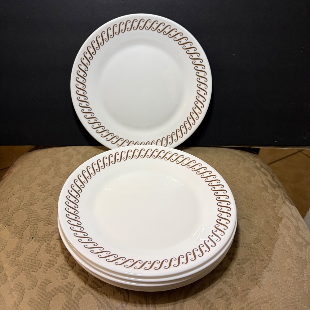 Vintage Pyrex Regency Milk Glass Dinner Plates Set of 6 Copper Brown Scrolls 9"